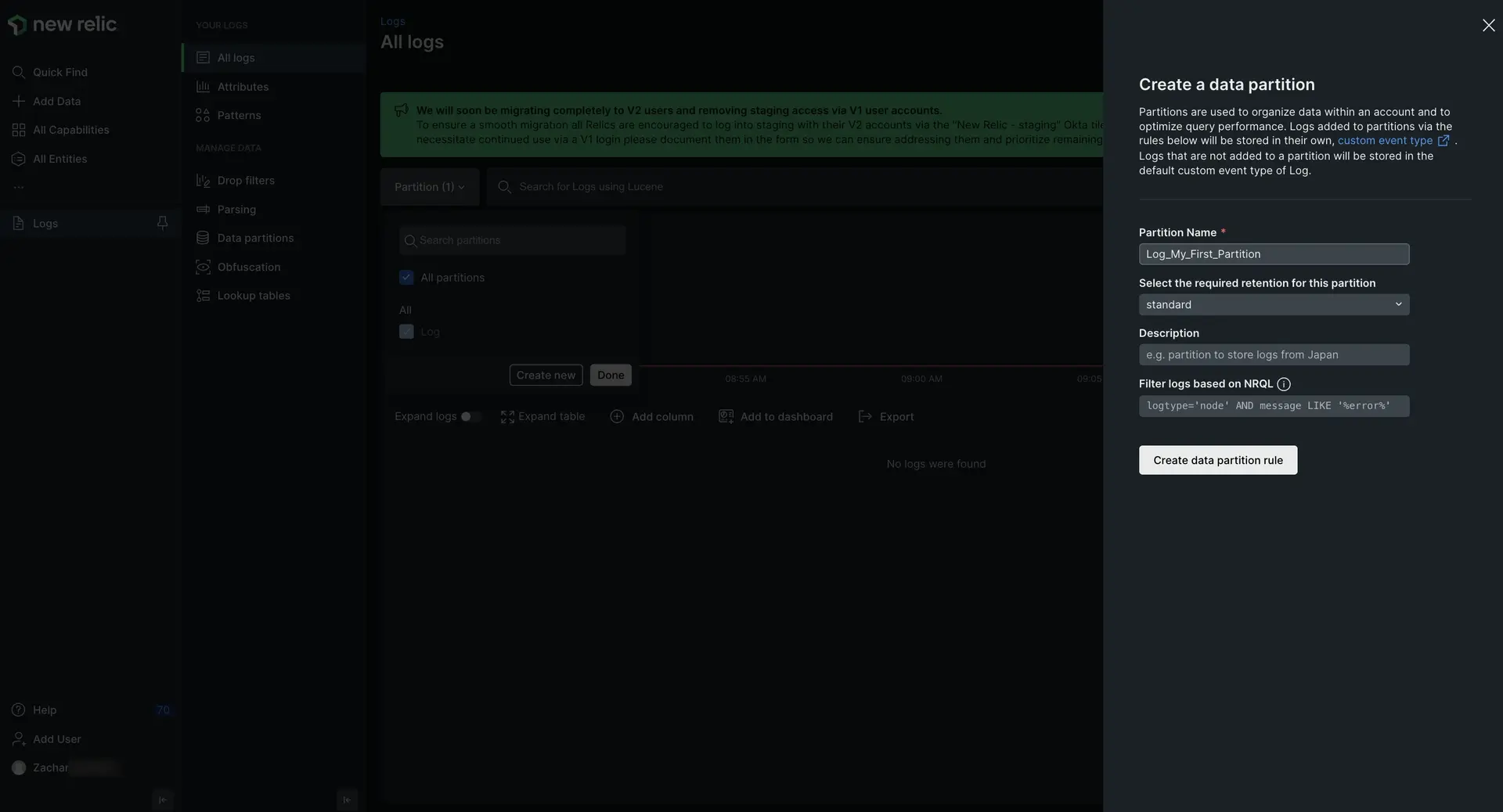Log data partitions rule Screenshot of Log partitions rule in UI