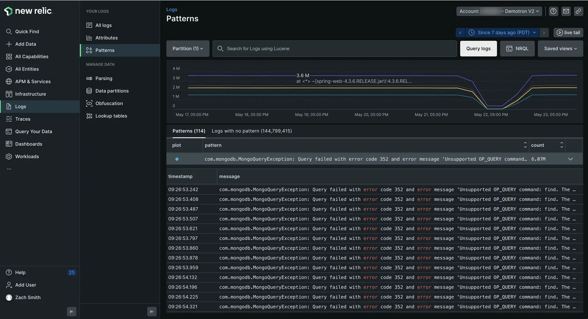 Logs patterns UI Screenshot of Log patterns UI