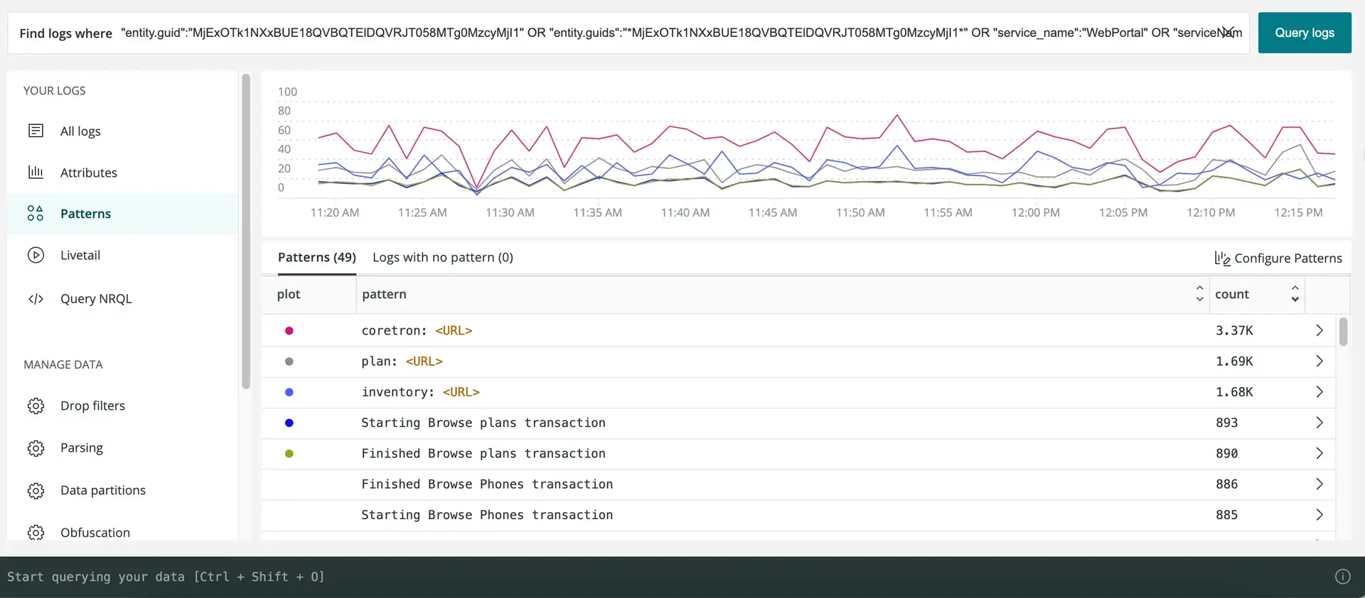 Logs patterns UI Screenshot of Log patterns UI