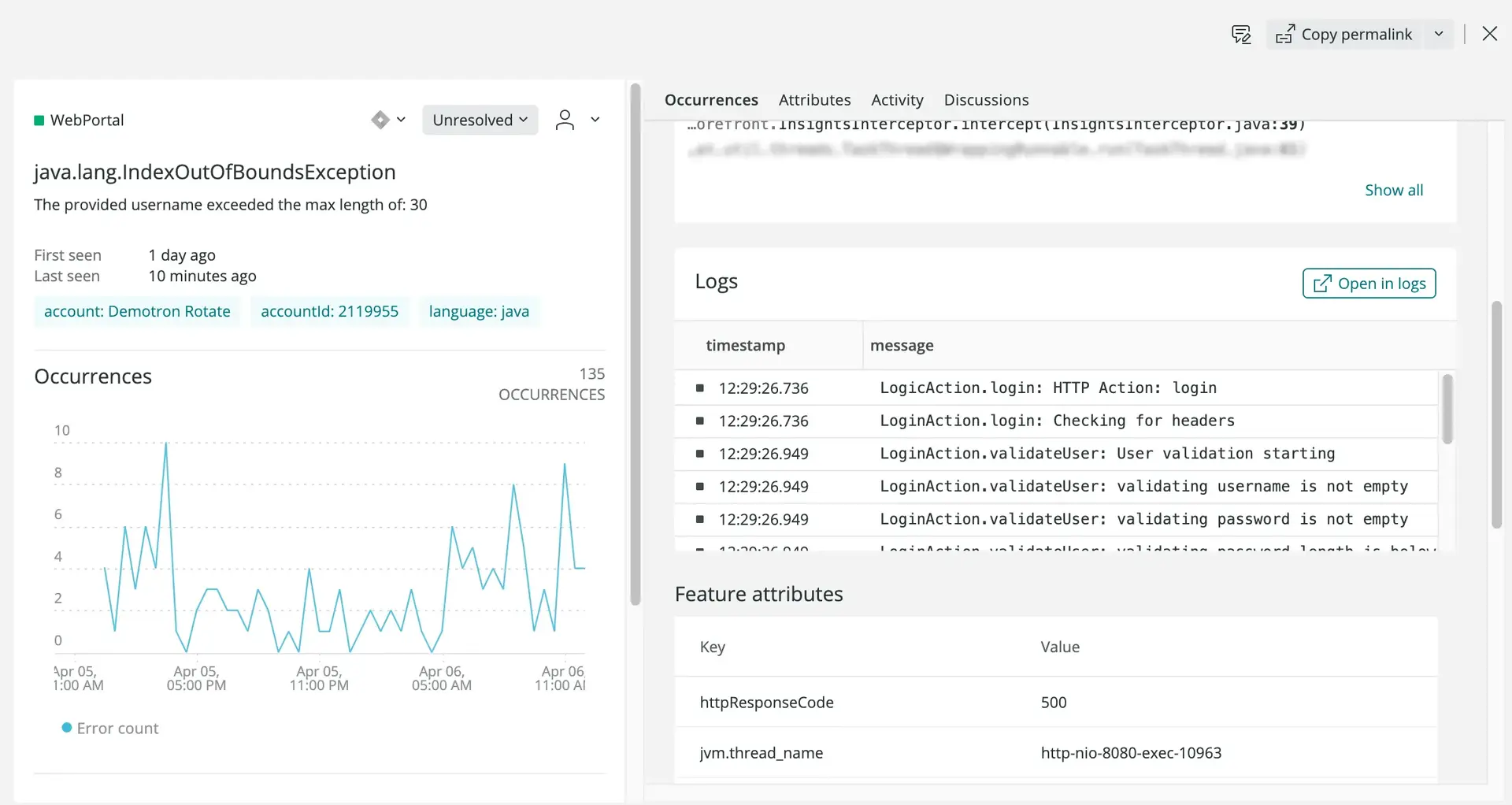 APM errors inbox UI with logs Screenshot of APM errors inbox UI with logs