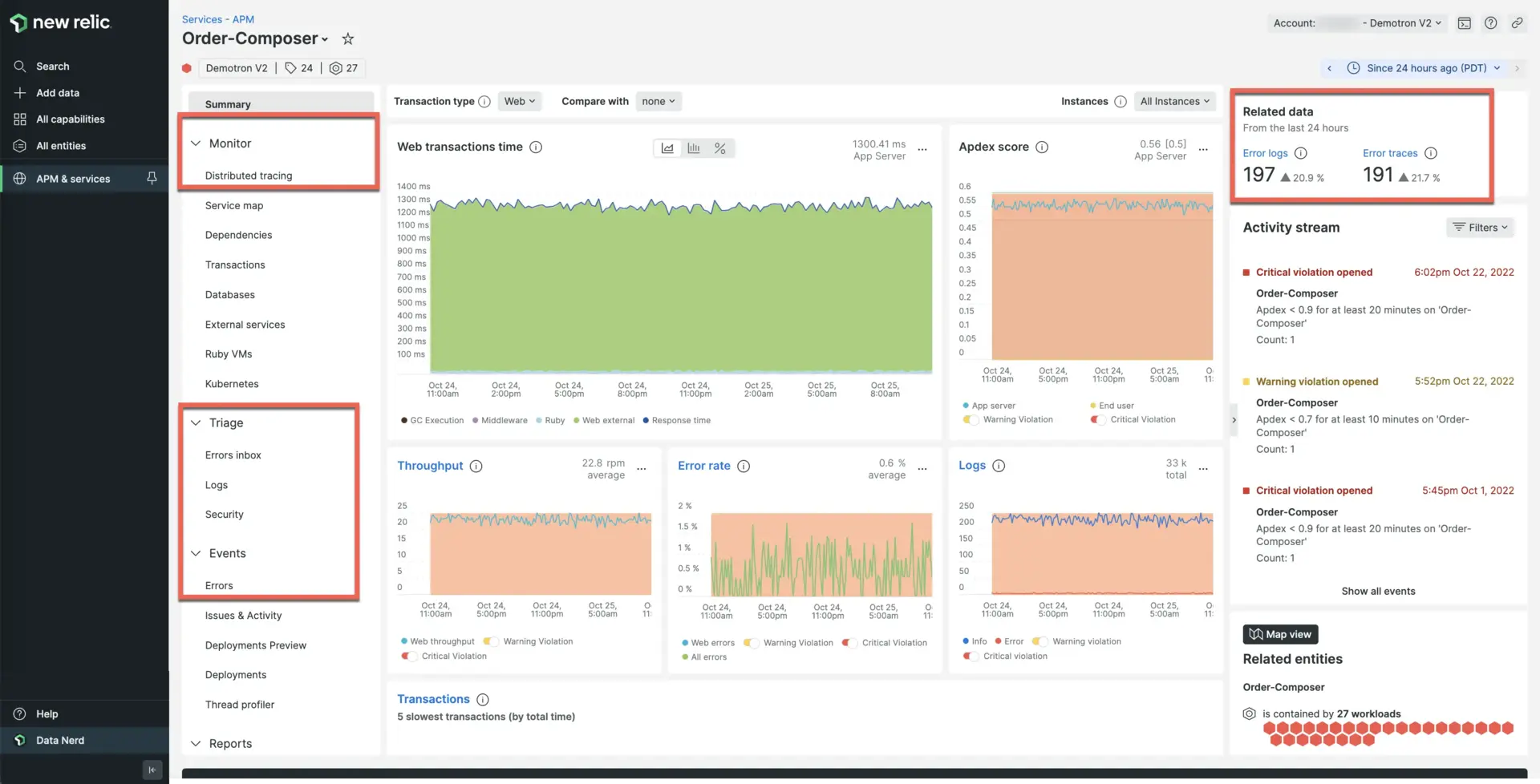 APM logs in context UI options Screenshot of APM Summary page with logs in context options