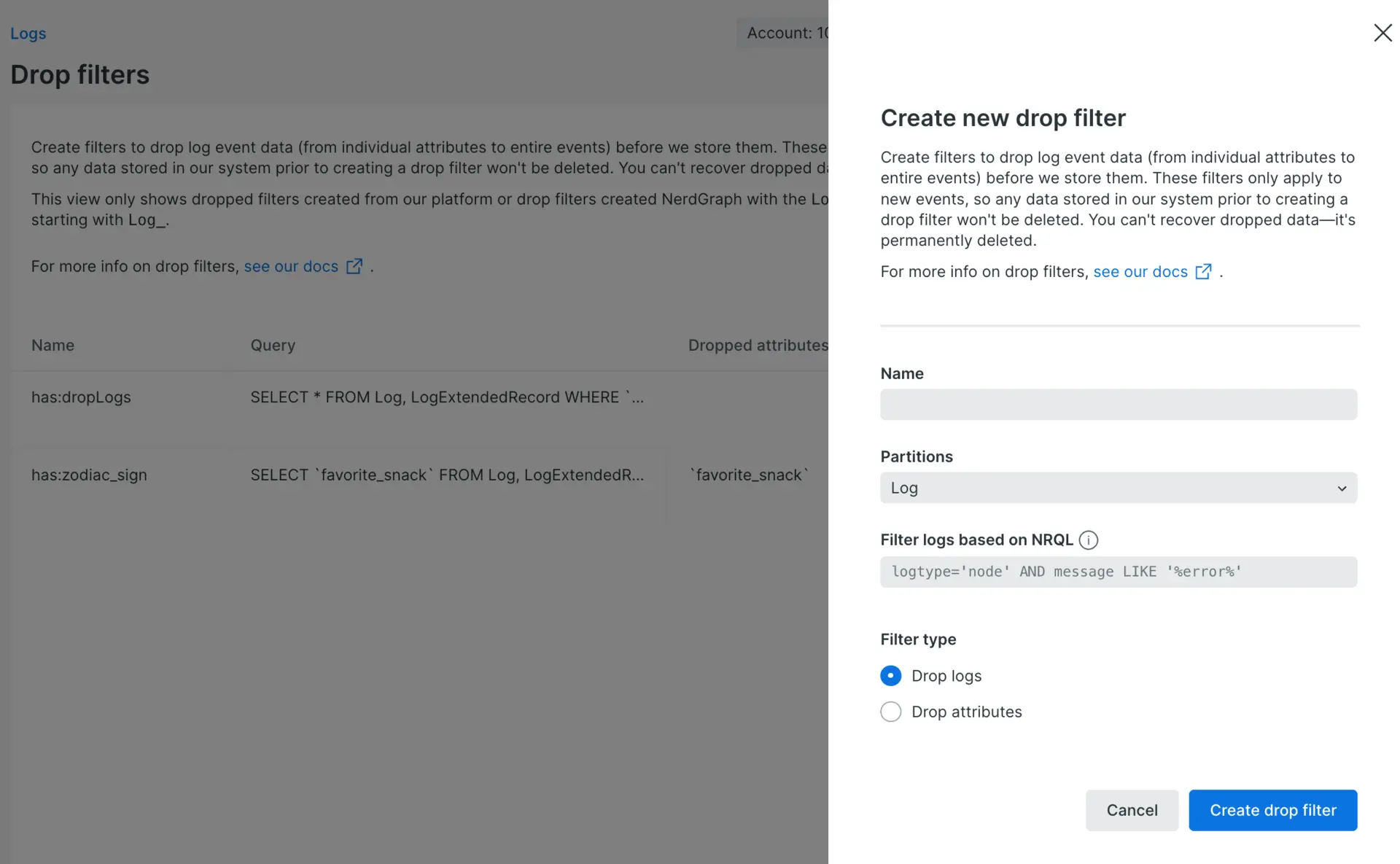 Log drop filter rule Screenshot of Log drop filter rule in UI