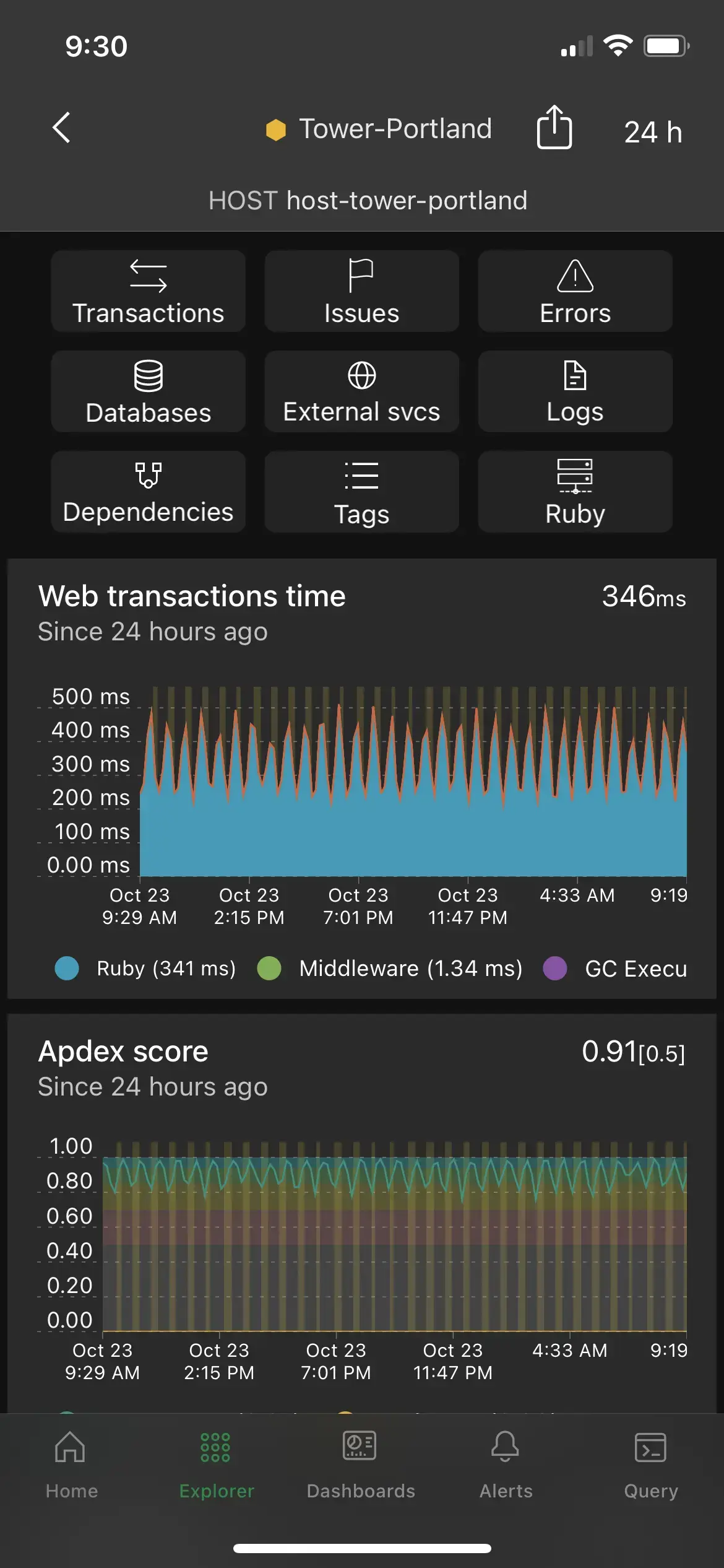 APM dashboard in the New Relic iOS app APM dashboard in the New Relic iOS app