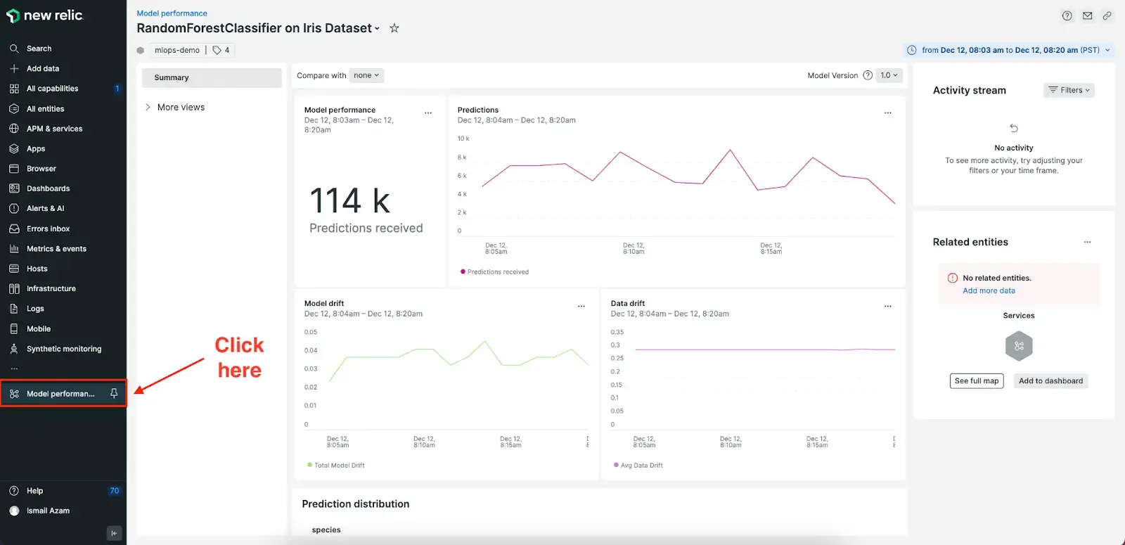An image of the model performance tab in the New Relic navigation menu An image of the New Relic MLOps dashboard.
