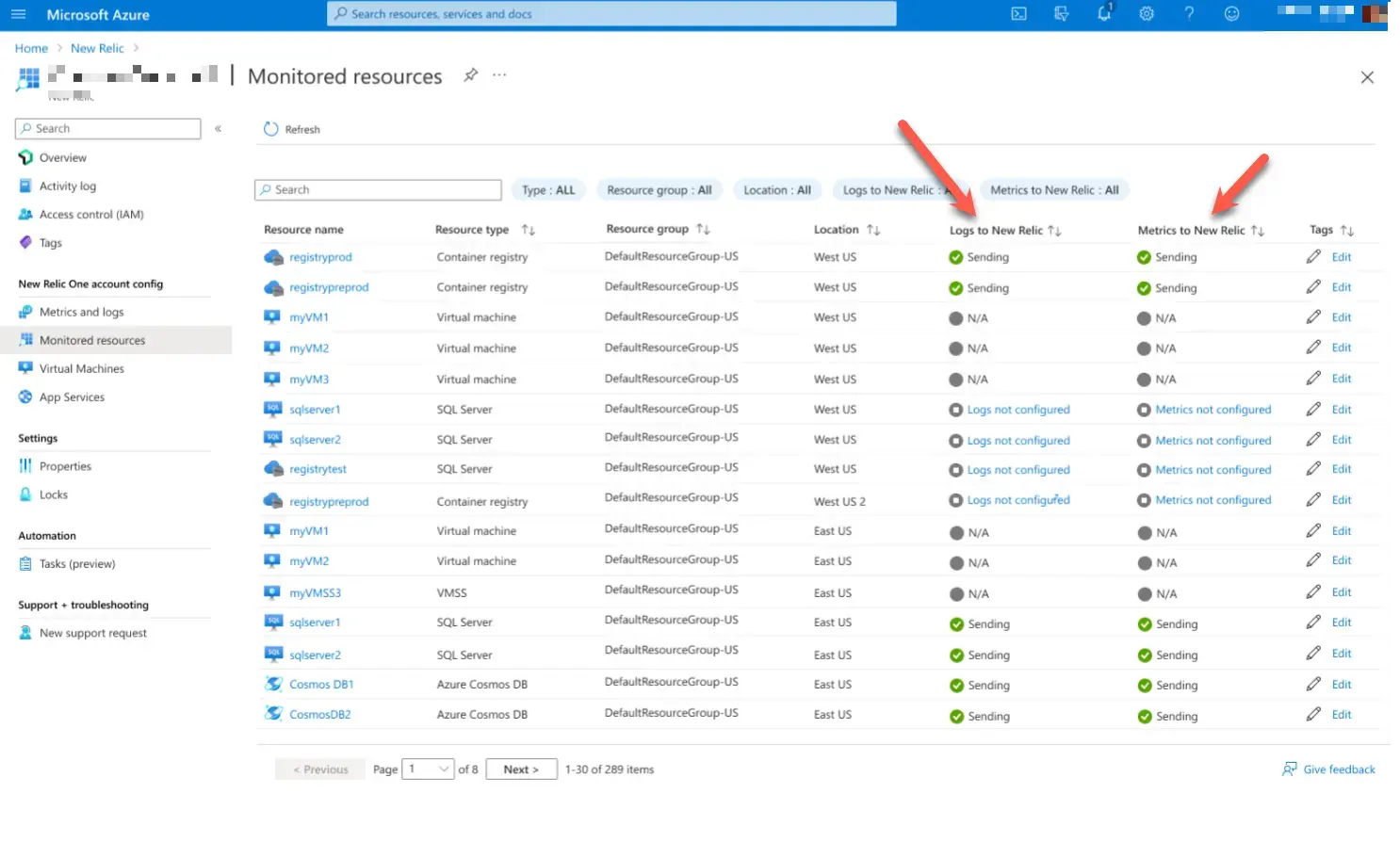 monitor-resources An image showing the monitor resources tab of azure
