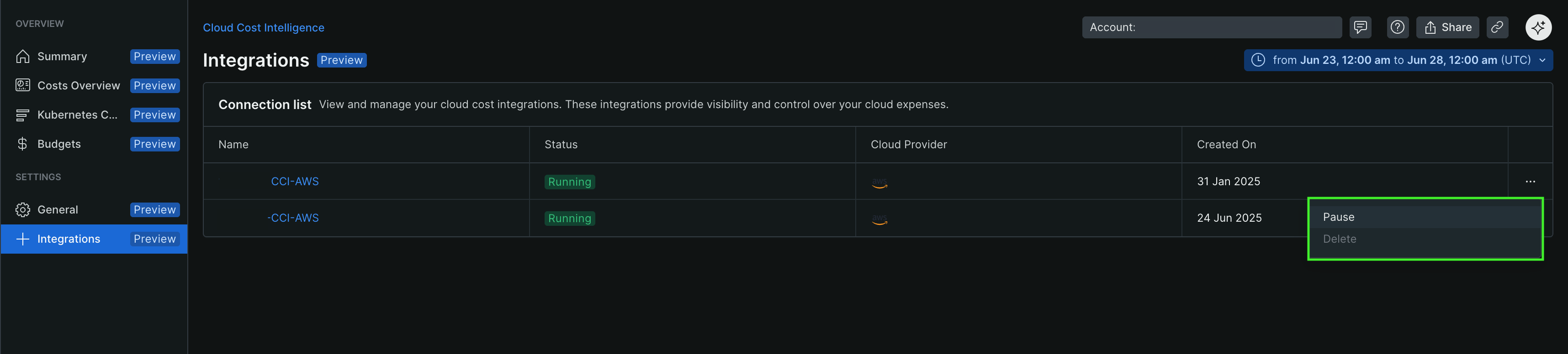 Pause and delete integration A screenshot displaying the pause and delete integration options