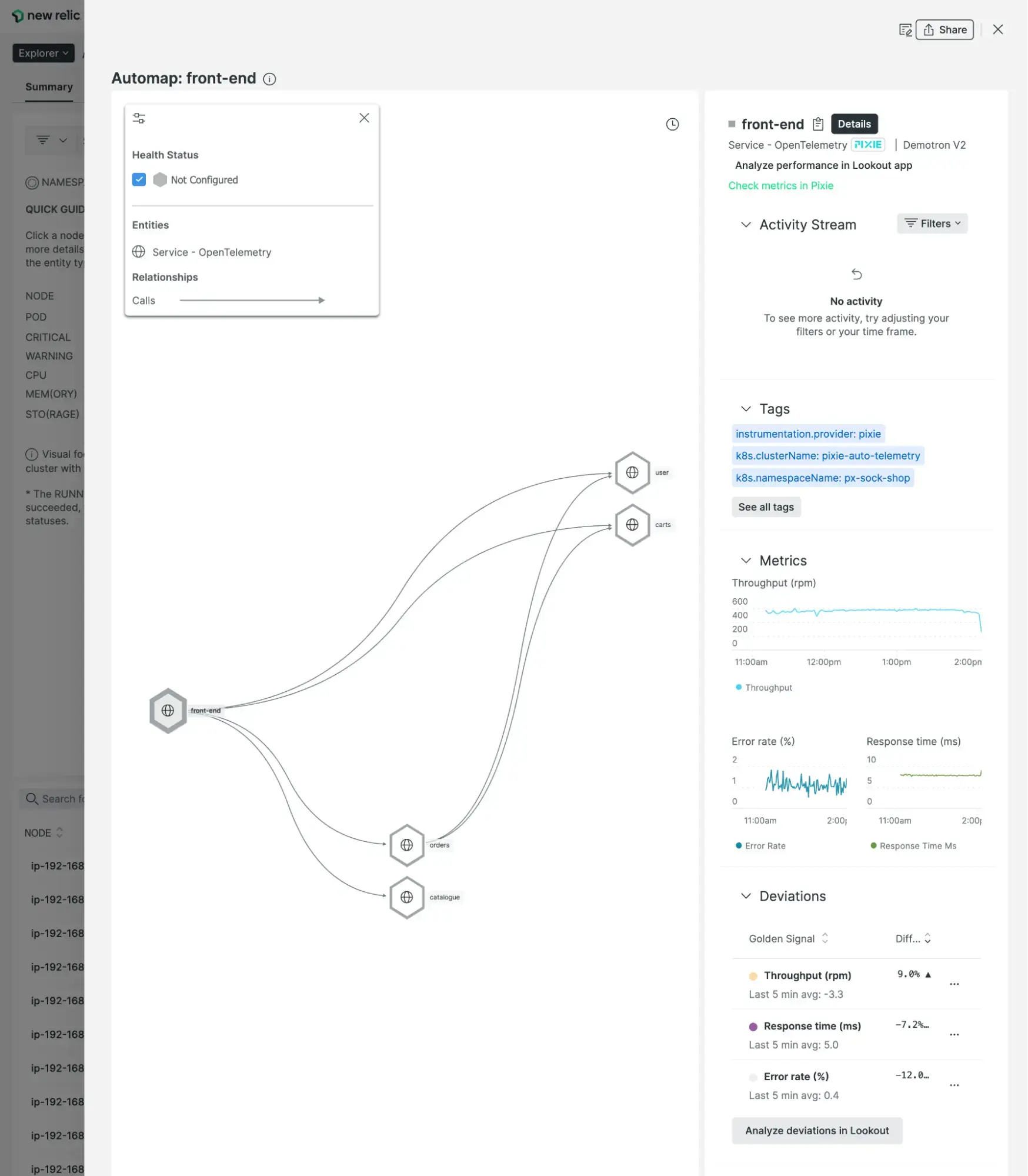The service map shown in the pod details view is constructed using HTTP traces collected by Pixie. The service map shown in the pod details view is constructed using HTTP traces collected by Pixie.