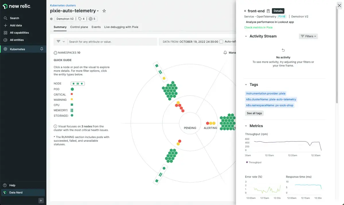 The pod details page in the Kubernetes cluster explorer shows application metrics collected by Pixie. The pod details page in the Kubernetes cluster explorer shows application metrics collected by Pixie.