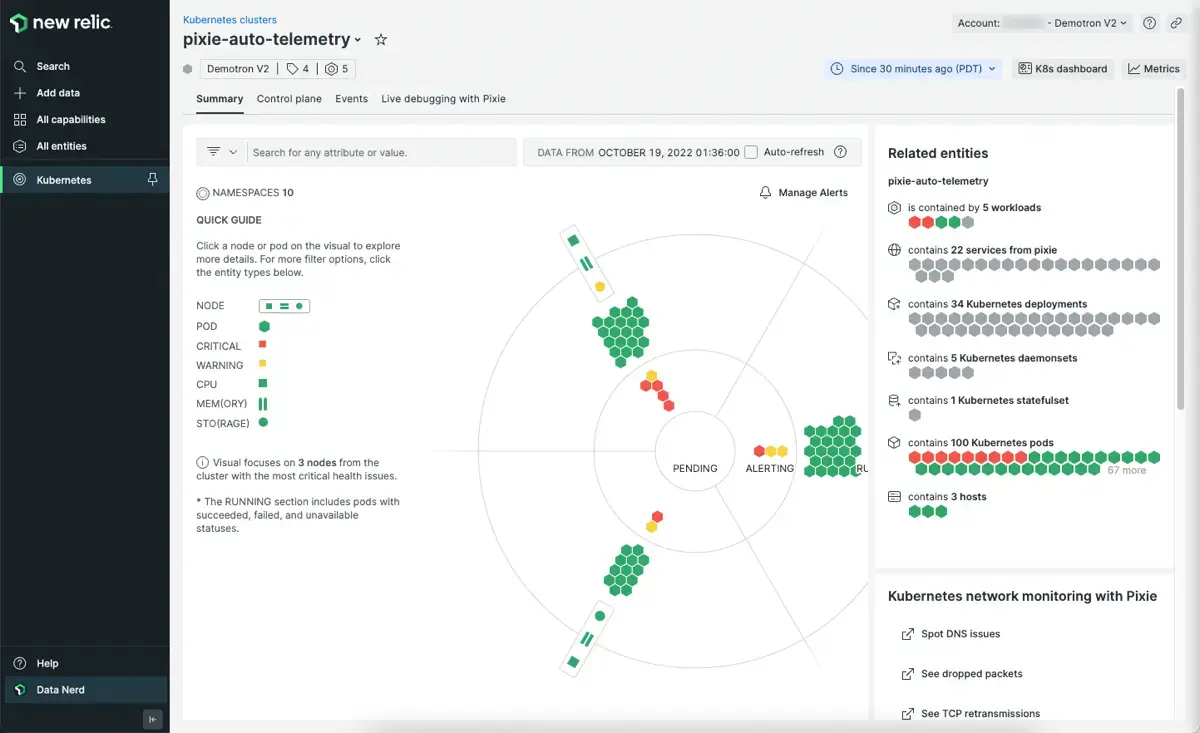 The Kubernetes cluster explorer shows the services identified by Pixie. The Kubernetes cluster explorer shows the services identified by Pixie.