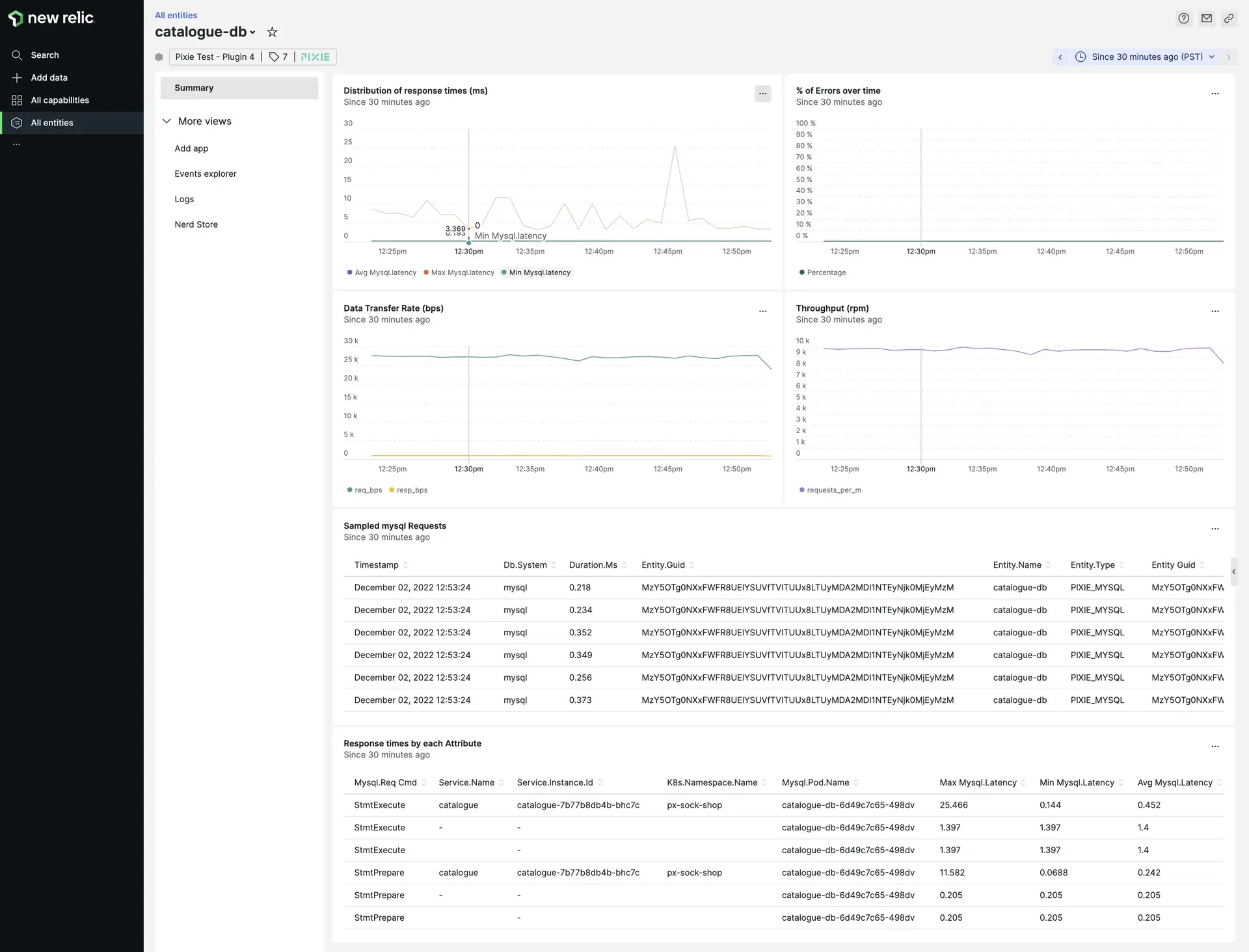 The <DNT>**MySQL - Pixie**</DNT> entity shows golden metrics and full-body MySQL request and response pairs traced by Pixie The MySQL - Pixie entity shows golden metrics and full-body MySQL request and response pairs traced by Pixie