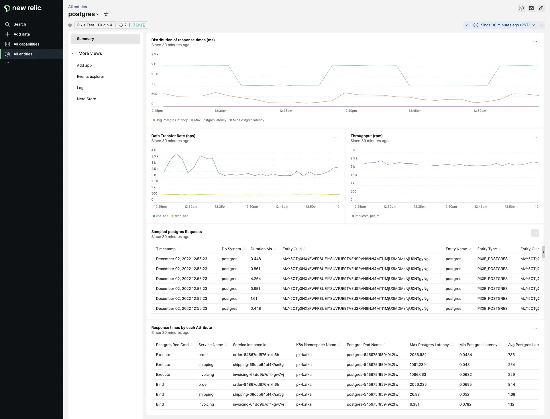 The <DNT>**Postgres - Pixie**</DNT> entity shows golden metrics and full-body MySQL request and response pairs traced by Pixie The Postgres - Pixie entity shows golden metrics and full-body MySQL request and response pairs traced by Pixie