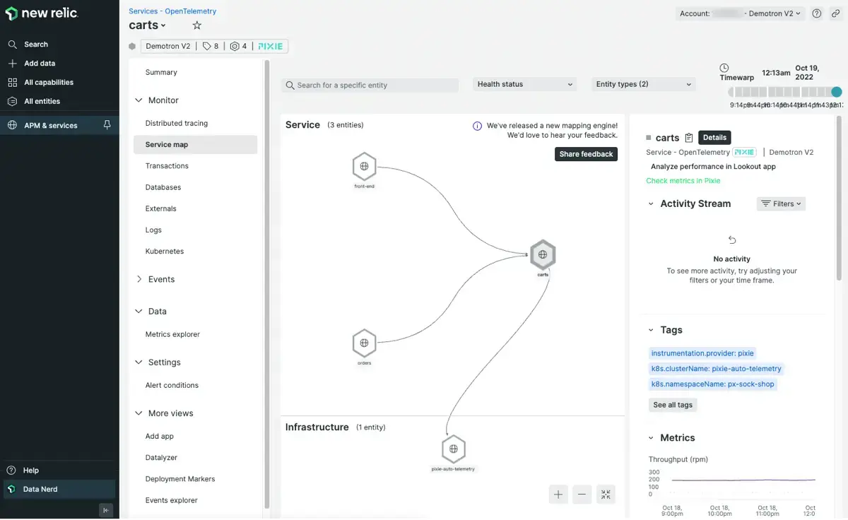 The OpenTelemetry <DNT>**Service map**</DNT> view shows helps visualize your application's dependencies. The OpenTelemetry <DNT>**Service map**</DNT> view shows helps visualize your application's dependencies.