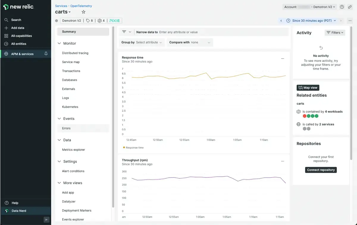 The <DNT>**Services - OpenTelemetry**</DNT> service Summary view shows graphs of response time, throughput and error rate over time. The <DNT>**Services - OpenTelemetry**</DNT> service Summary view shows graphs of response time, throughput and error rate over time.