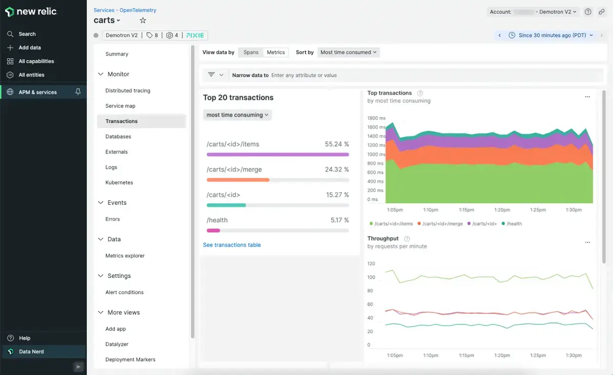The UI of New Relic pulls data from data seen in the OpenTelemetry <DNT>**Transactions**</DNT> tab. Pixie data seen in the OpenTelemetry <DNT>**Transactions**</DNT> tab.