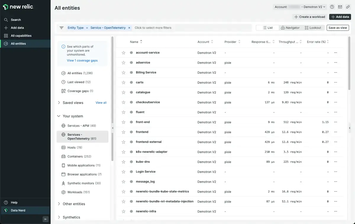 The <DNT>**Services - OpenTelemetry**</DNT> view lists all services identified by Pixie with high-level latency, error and throughput details. The <DNT>**Services - OpenTelemetry**</DNT> view lists all services identified by Pixie with high-level latency, error and throughput details.