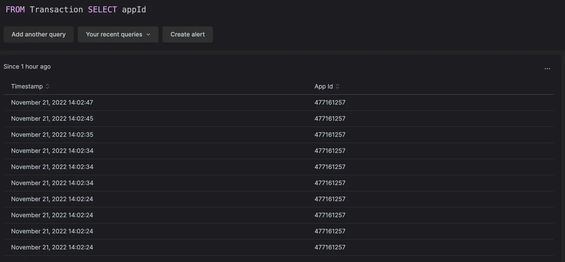 basic_nrql_example.png A screenshot of a basic NRQL query, From Transaction Select appId