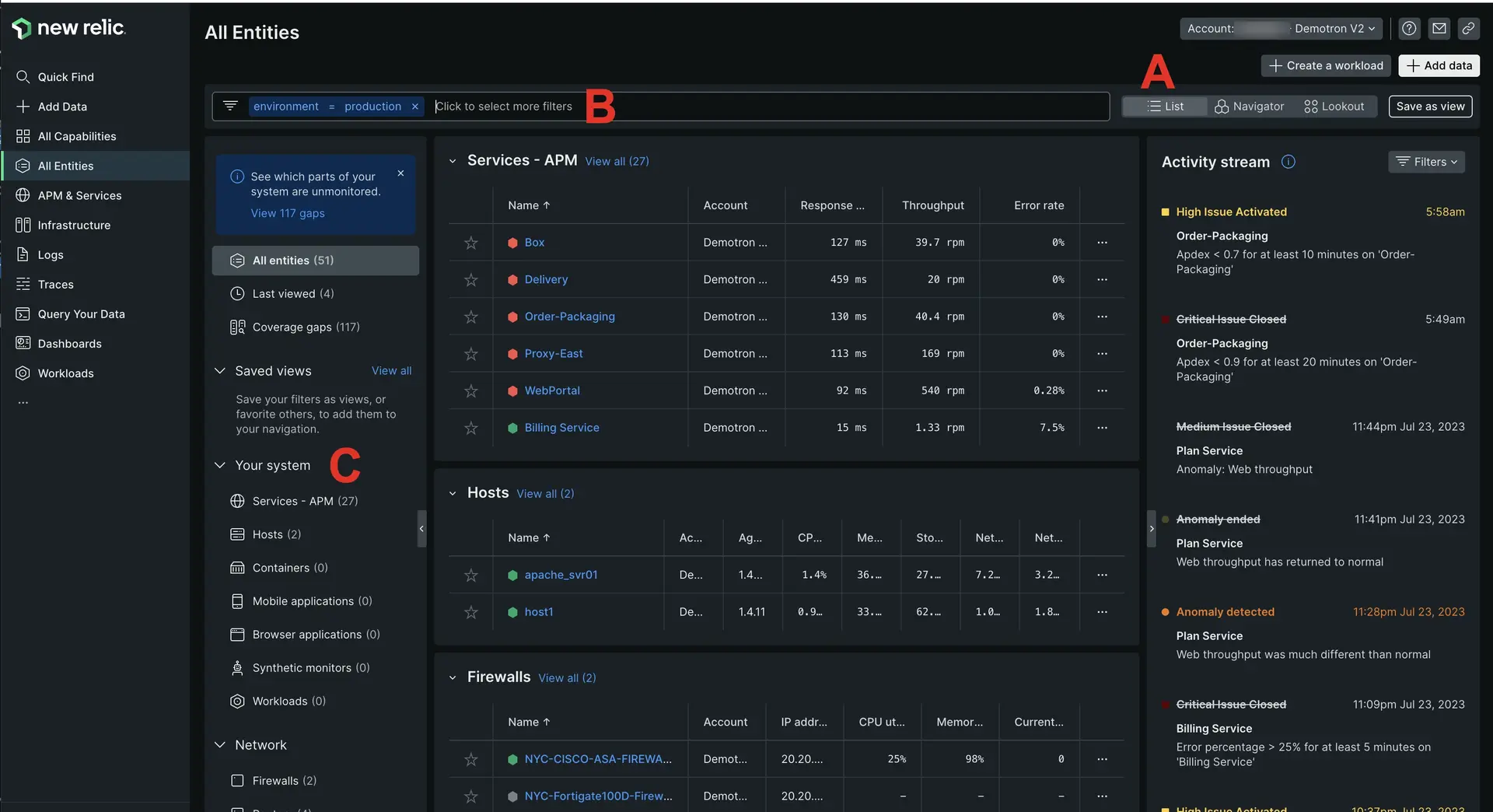 A view of the New Relic entity explorer A view of the New Relic entity explorer