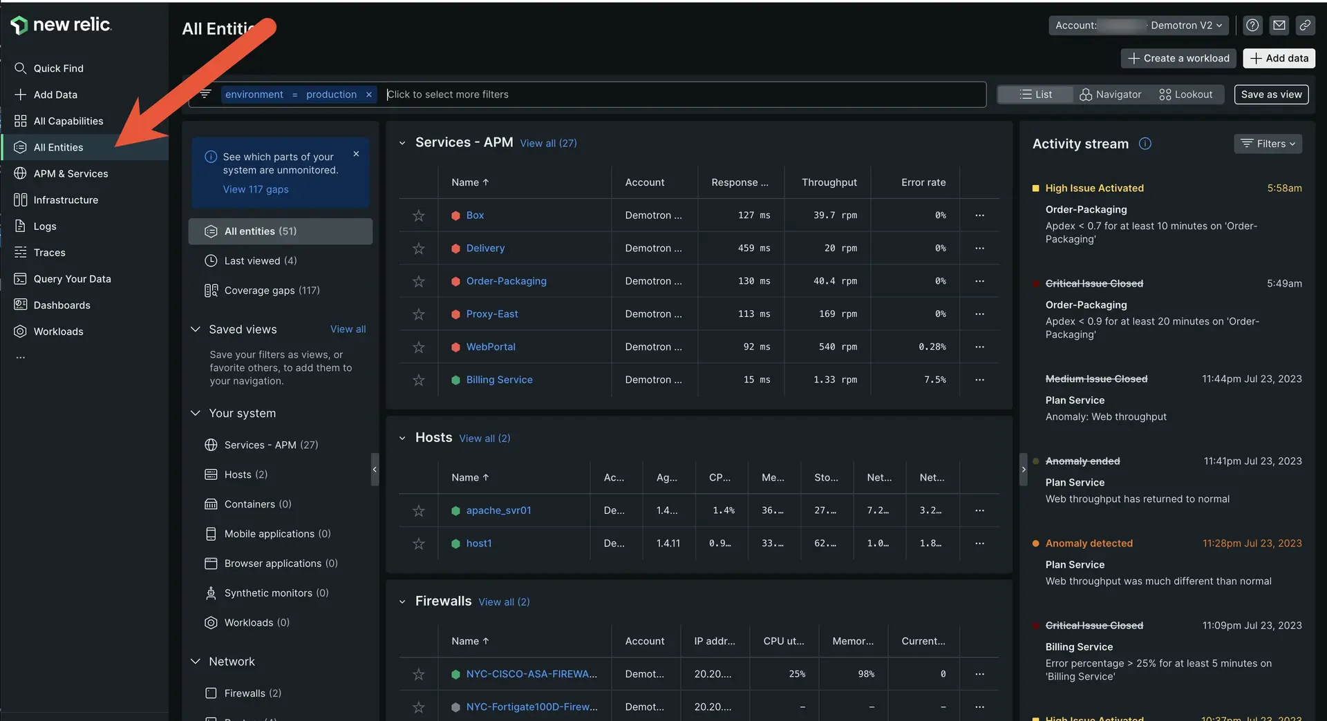 New Relic entity list view New Relic entity list view
