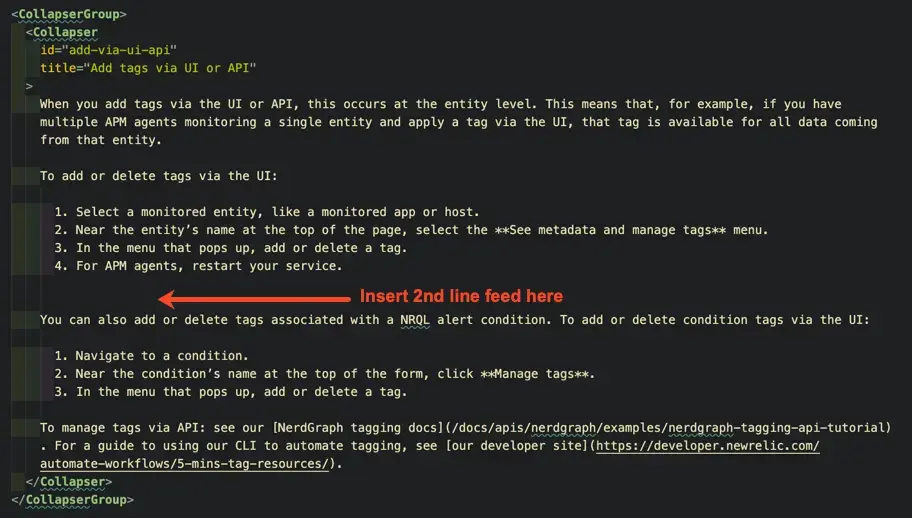Screenshot showing where to add extra line feed Screenshot showing where to add extra line feed