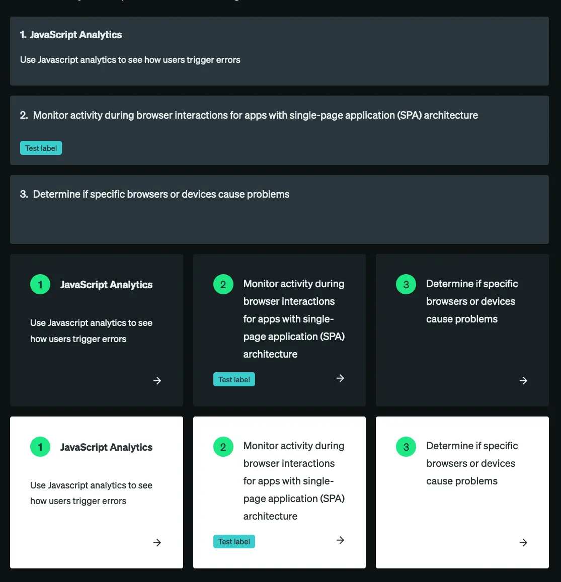 Tile_examples A screenshot displaying the different tile variants used by New Relic docs