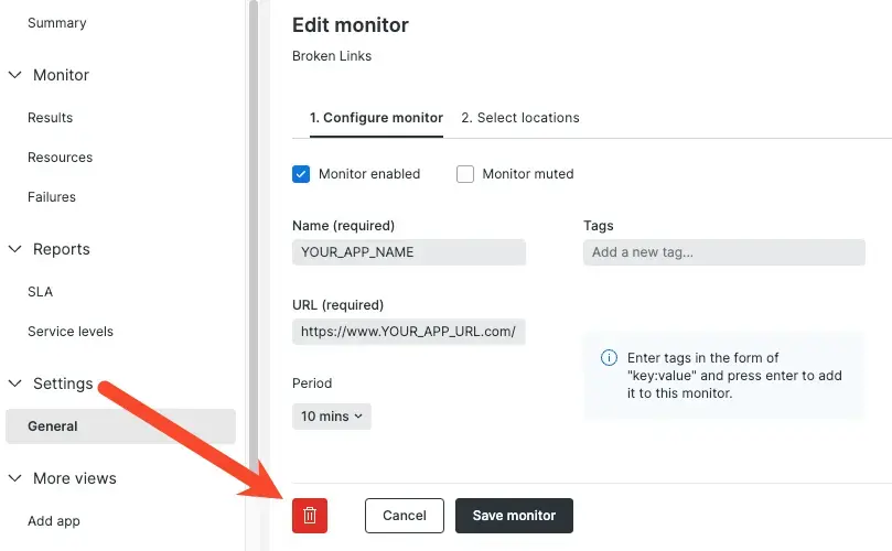 Edit a monitor page to delete monitor A screenshot of the Edit a monitor page with a red arrow that shows where someone should look to delete a monitor.
