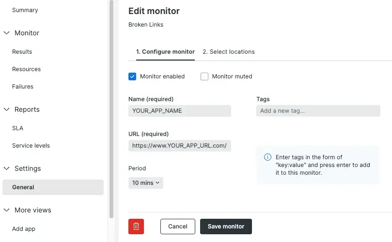 Edit a monitor page A screenshot that shows the New Relic UI when you're editing your monitor.