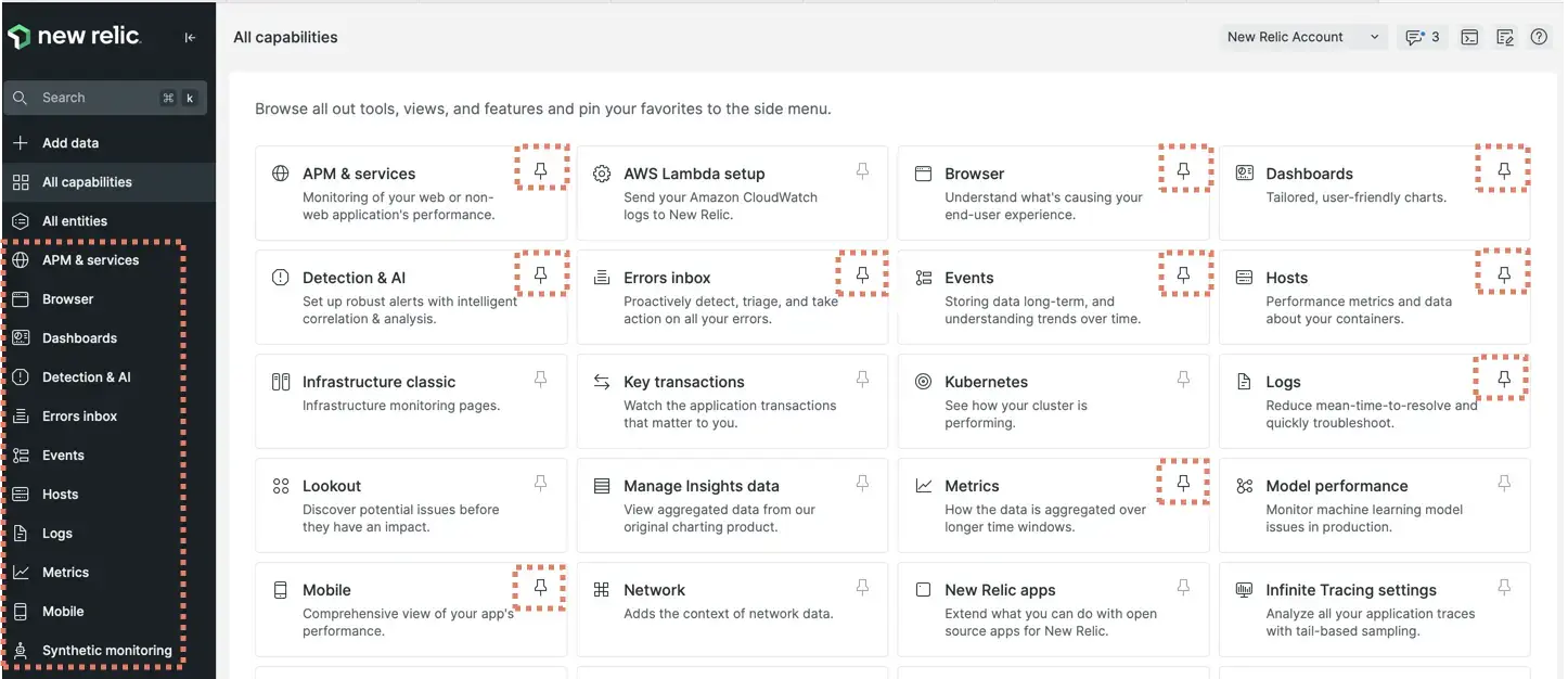 The all capabilities page with pinned items A screenshot of the all capabilities page with pins highlighted.