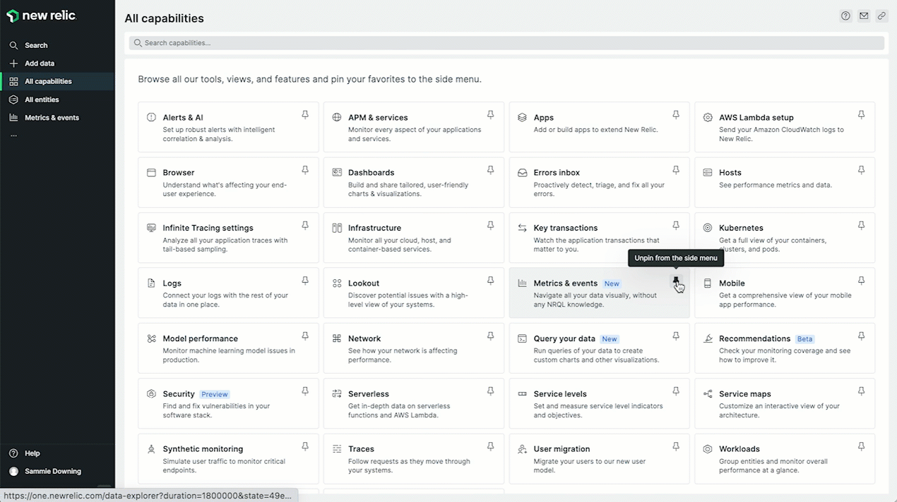 Metrics and events A gif demonstrating the New Relic redesign's metrics and events.