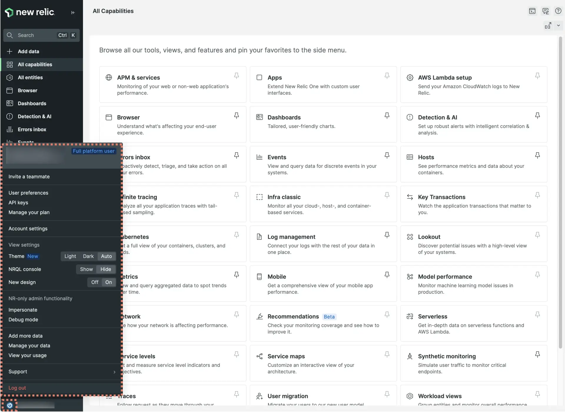 The new user menu A screenshot of the new user menu location in the bottom left corner.