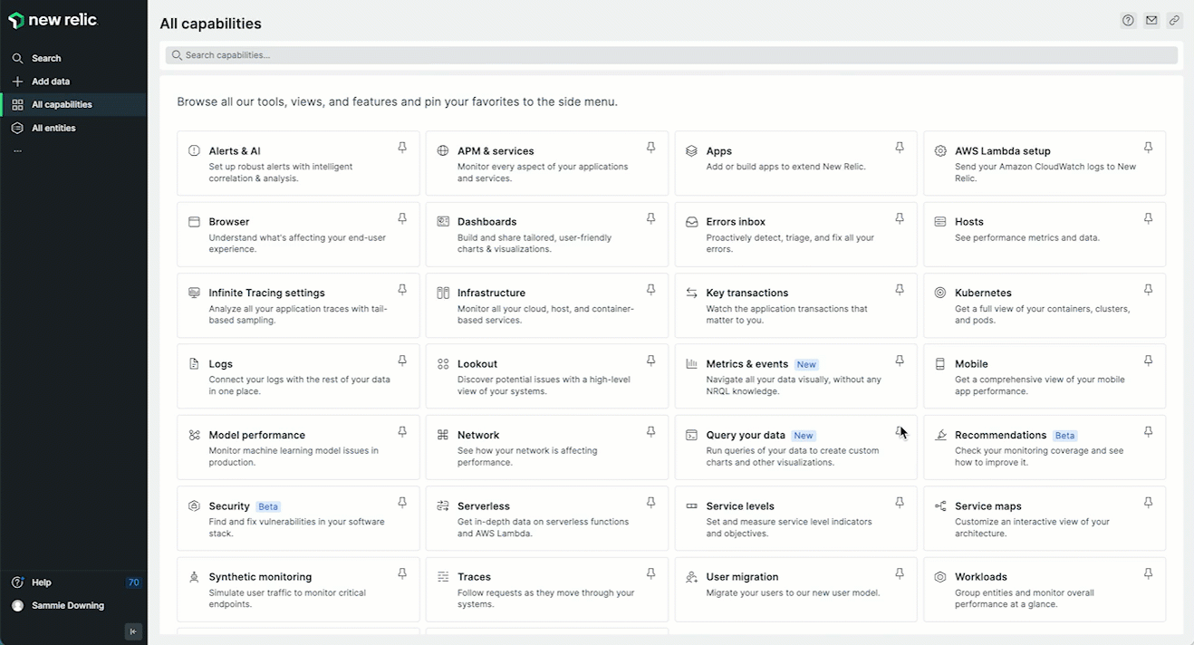 New Relic all capabilities page gif A gif showing how to pin New Relic capabilities.